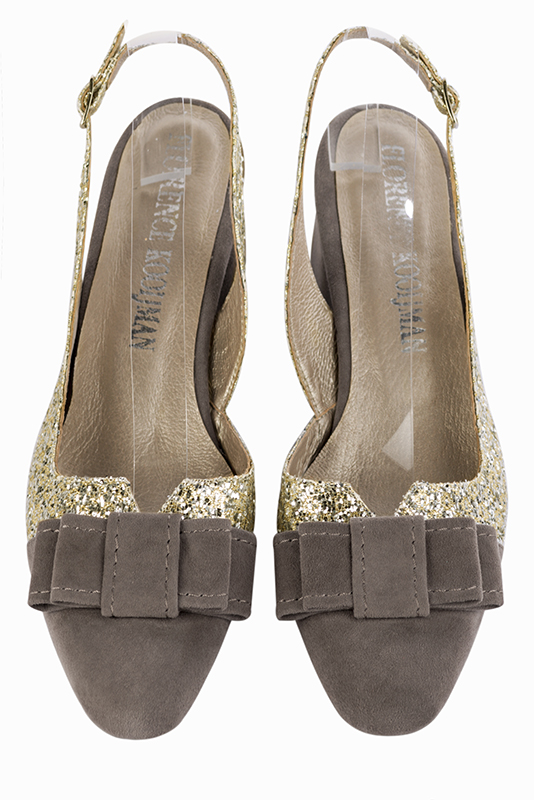 Pebble grey and gold women's open back shoes, with a knot. Round toe. Low flare heels. Top view - Florence KOOIJMAN